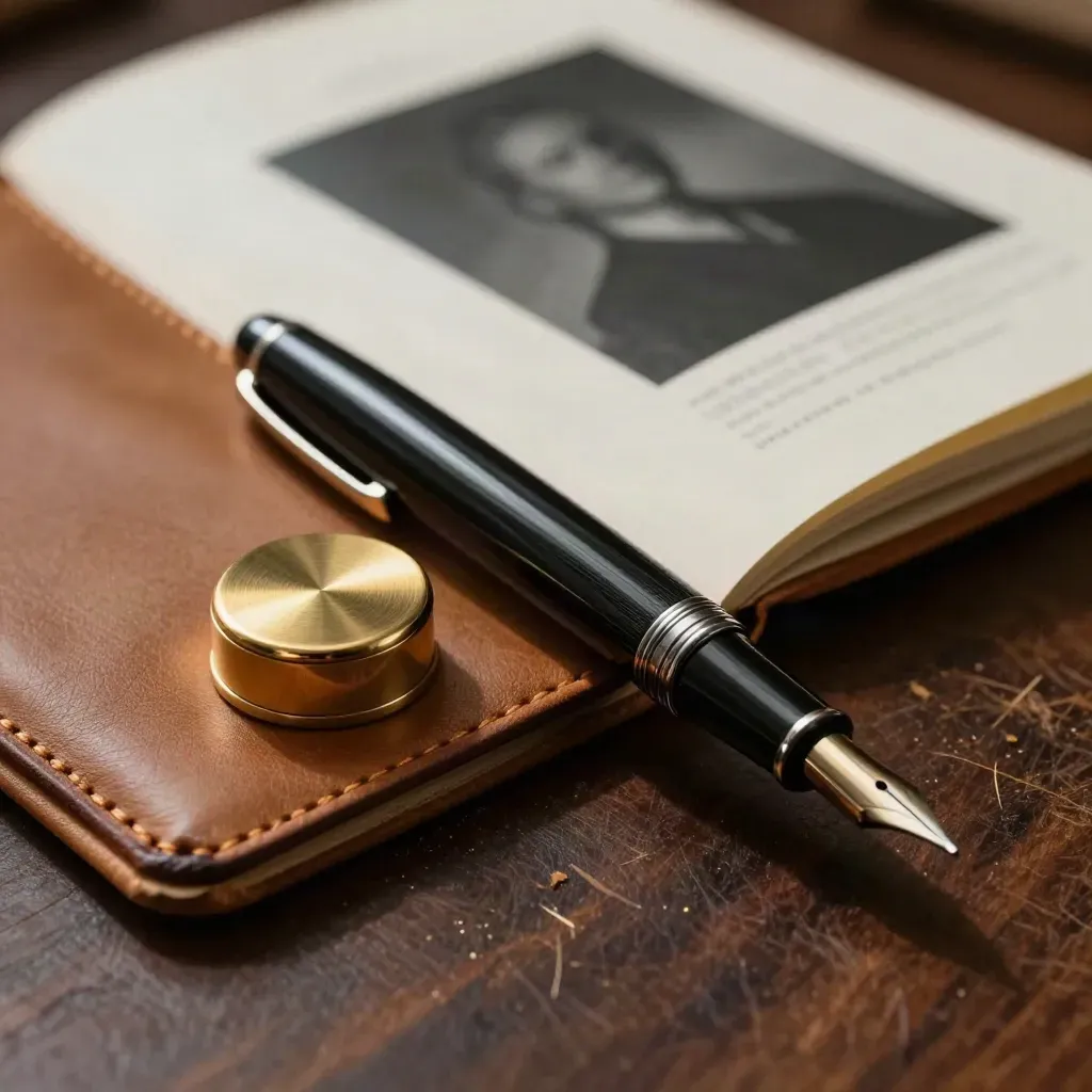 Fountain pen, brass nib case, leather notebook and proof sheets on dark walnut in dramatic light
