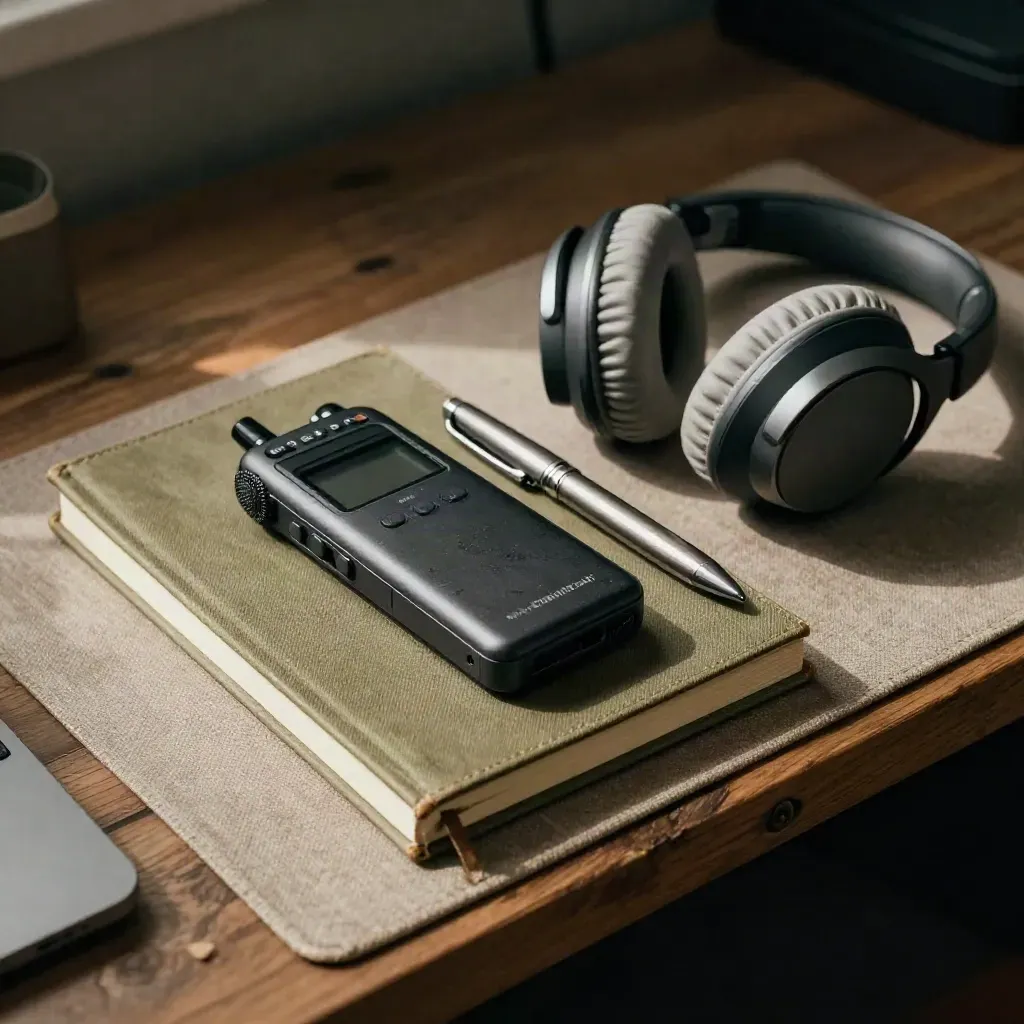Audio recorder, notebook, headphones, and pen in a quiet ghostwriter source kit on a worn shelf.