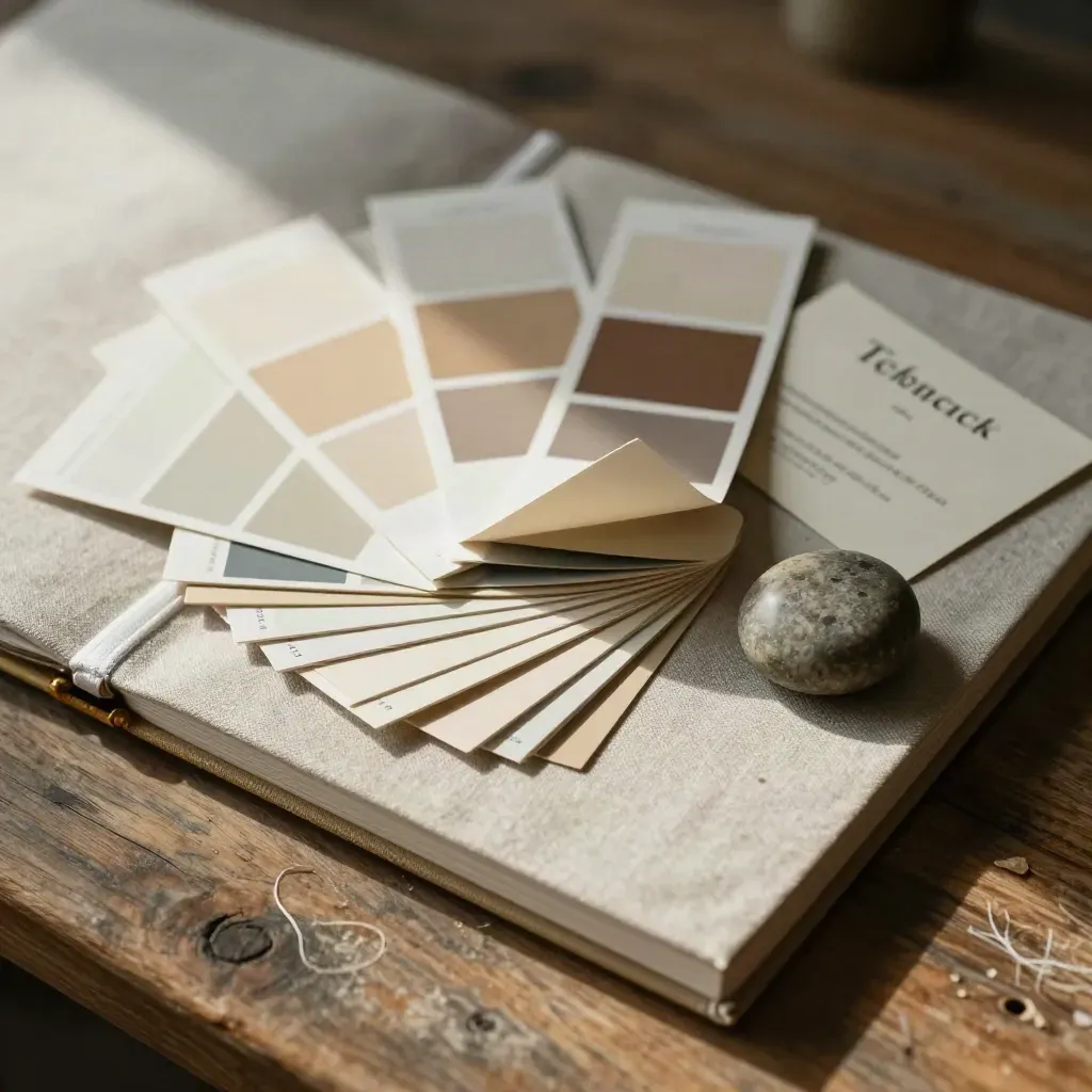 Editorial still life of tone swatches, style binder, stone paperweight, and sample tabs.