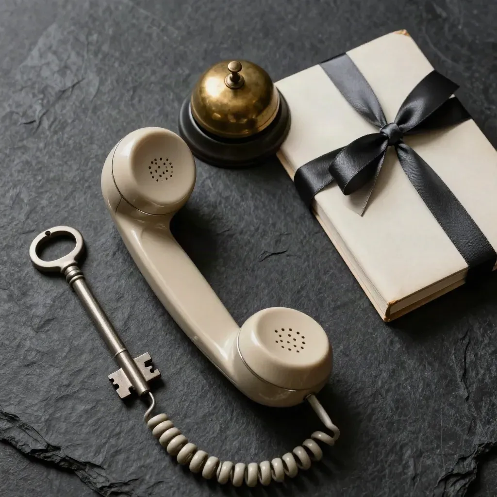 Overhead still life of an off-hook vintage phone receiver, brass bell, and ribbon-tied address book on dark stone.
