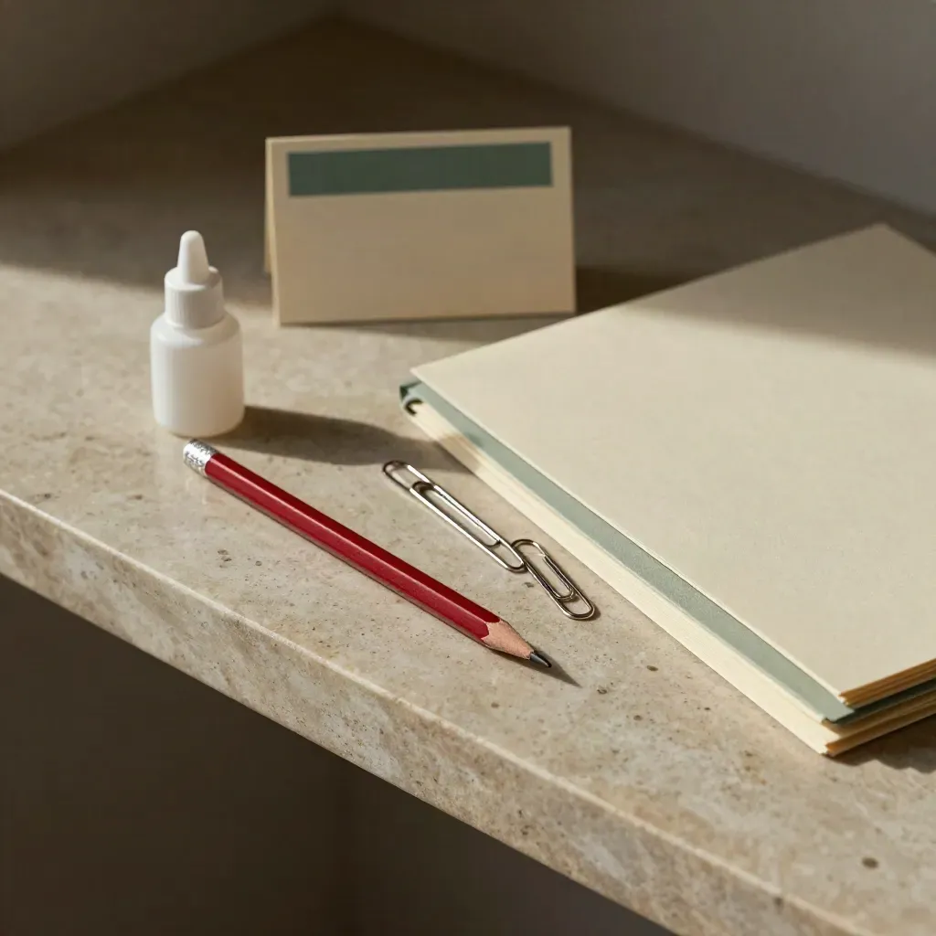 Red pencil, correction fluid, paper clips and a tabbed folder on a limestone shelf.