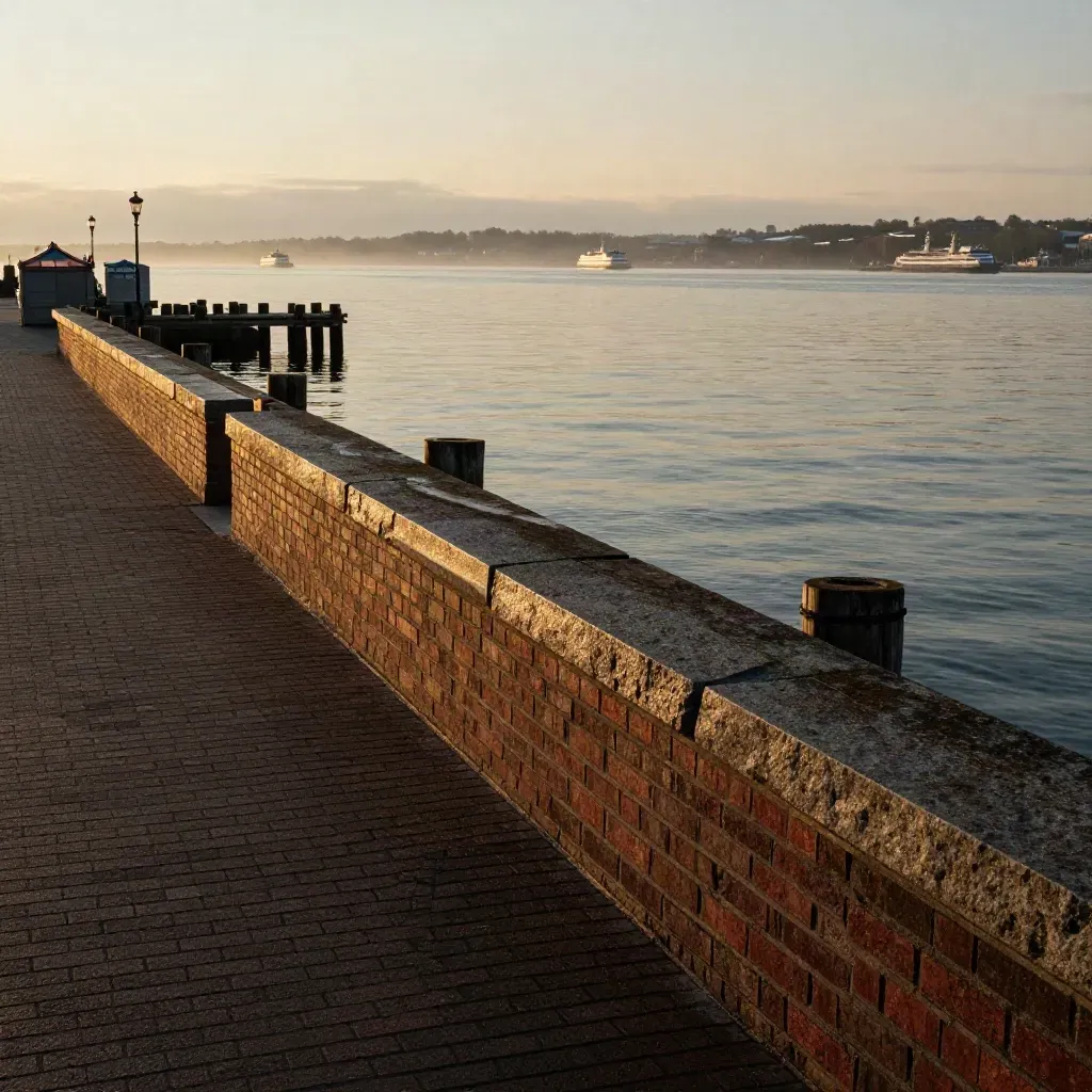 Boston harborfront in golden haze, brick wharves above a calm slate harbor.