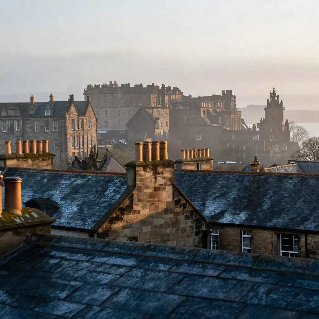 Edinburgh rooftops and castle ridge emerging from sea mist at dawn