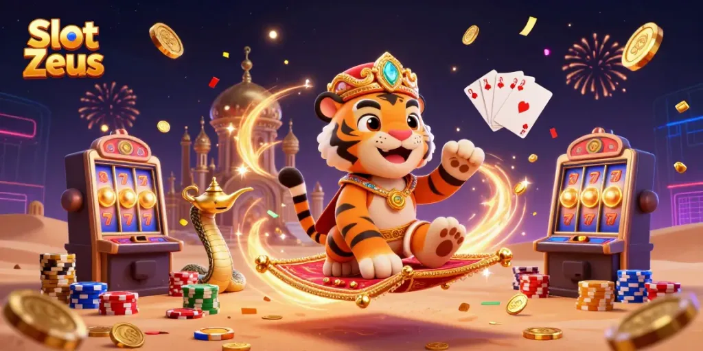 Memenangkan pembayaran hebat dengan Slot Zeus dalam ilustrasi kasino yang berwarna-warni dan magis.