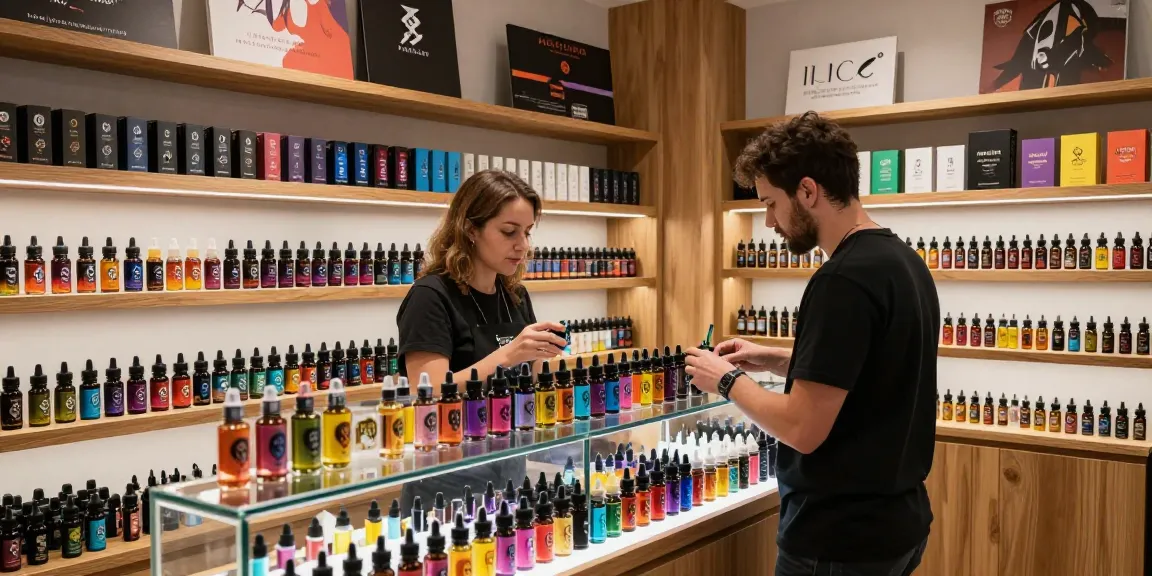 Explore a variety of vape e liquids in a vibrant shop setting.