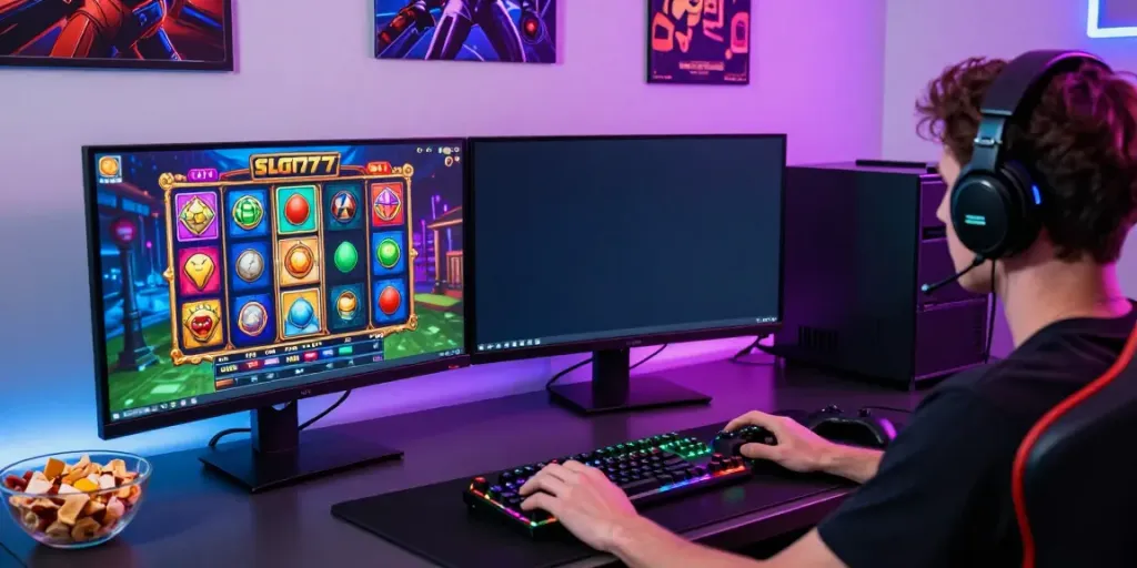Pengalaman bermain slot777 dengan monitor warna-warni dan aksesori game di ruang modern.