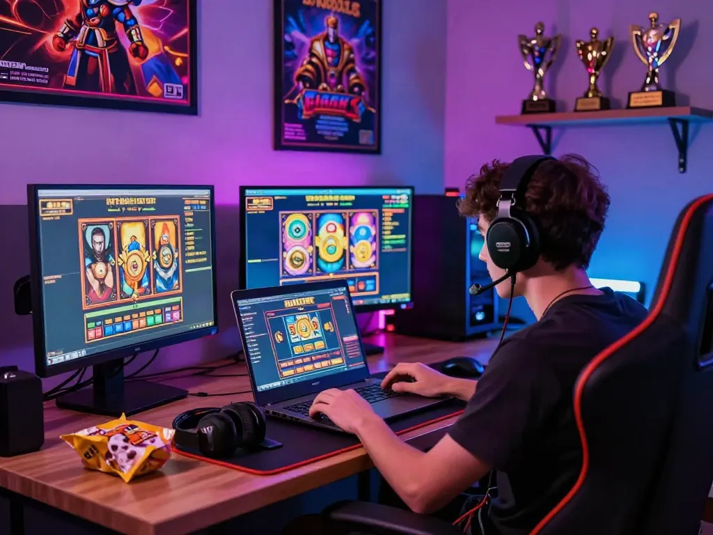 Exciting gaming moment showcasing slot gacor hari ini on a laptop in a vibrant, illuminated atmosphere.
