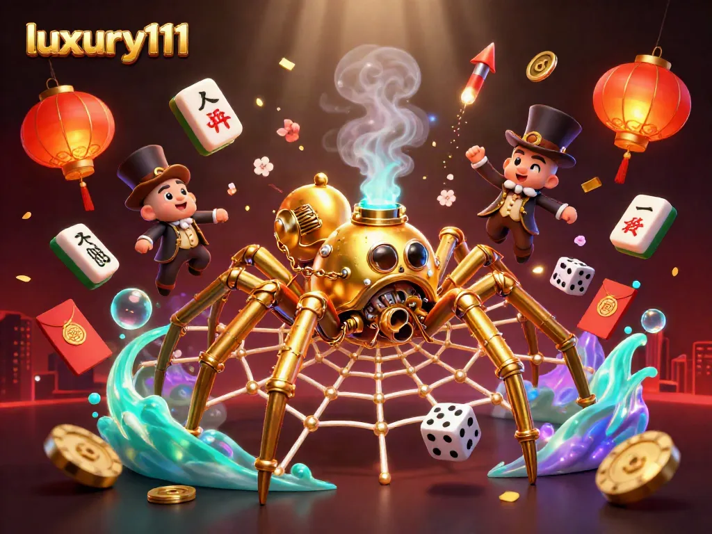 Luxury111 captures gamblers with an intricate steampunk spider web scene of casino chaos.