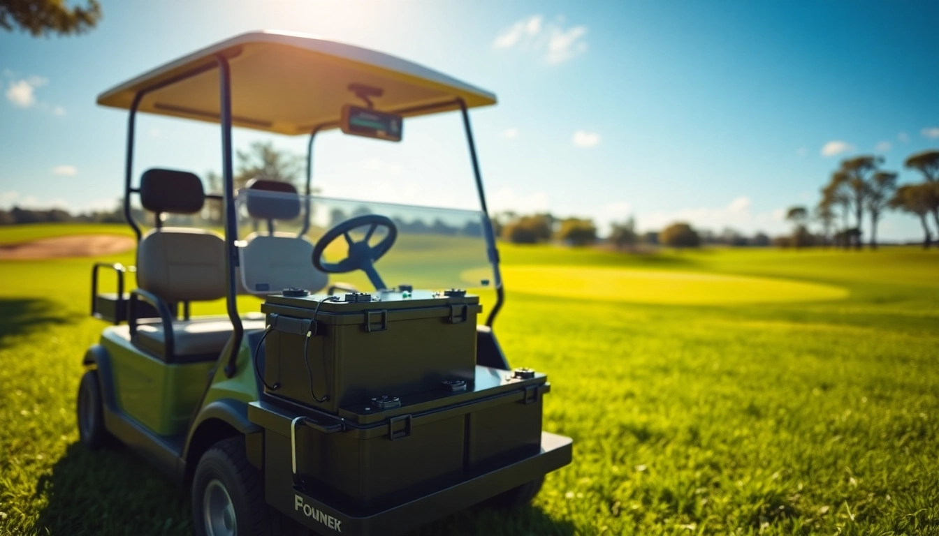 Lithium golf cart batteries displayed powerfully in a sleek golf cart on a sunny golf course.