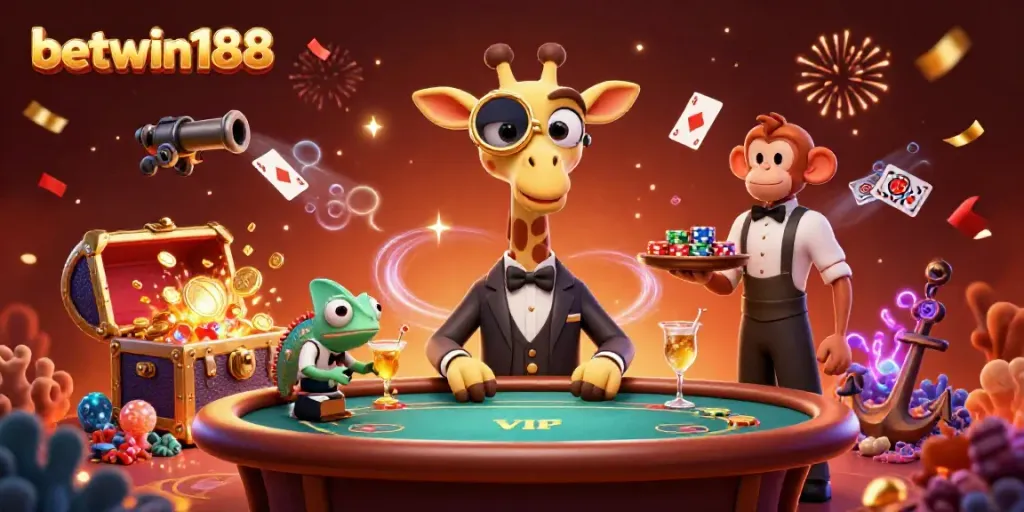 Jerapah mewah di meja poker dan valet monyet sambil menyajikan chip dalam konteks betwin188.