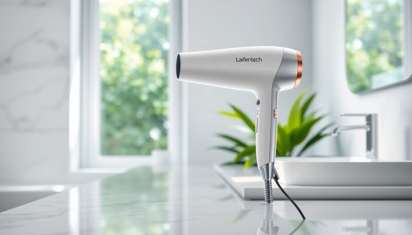 Laifentech hair dryer presented elegantly in a modern bathroom setting showcasing its sleek design.