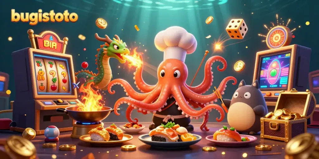 Experience the thrill of bugistoto with a dynamic casino scene featuring vibrant characters and jackpot excitement.