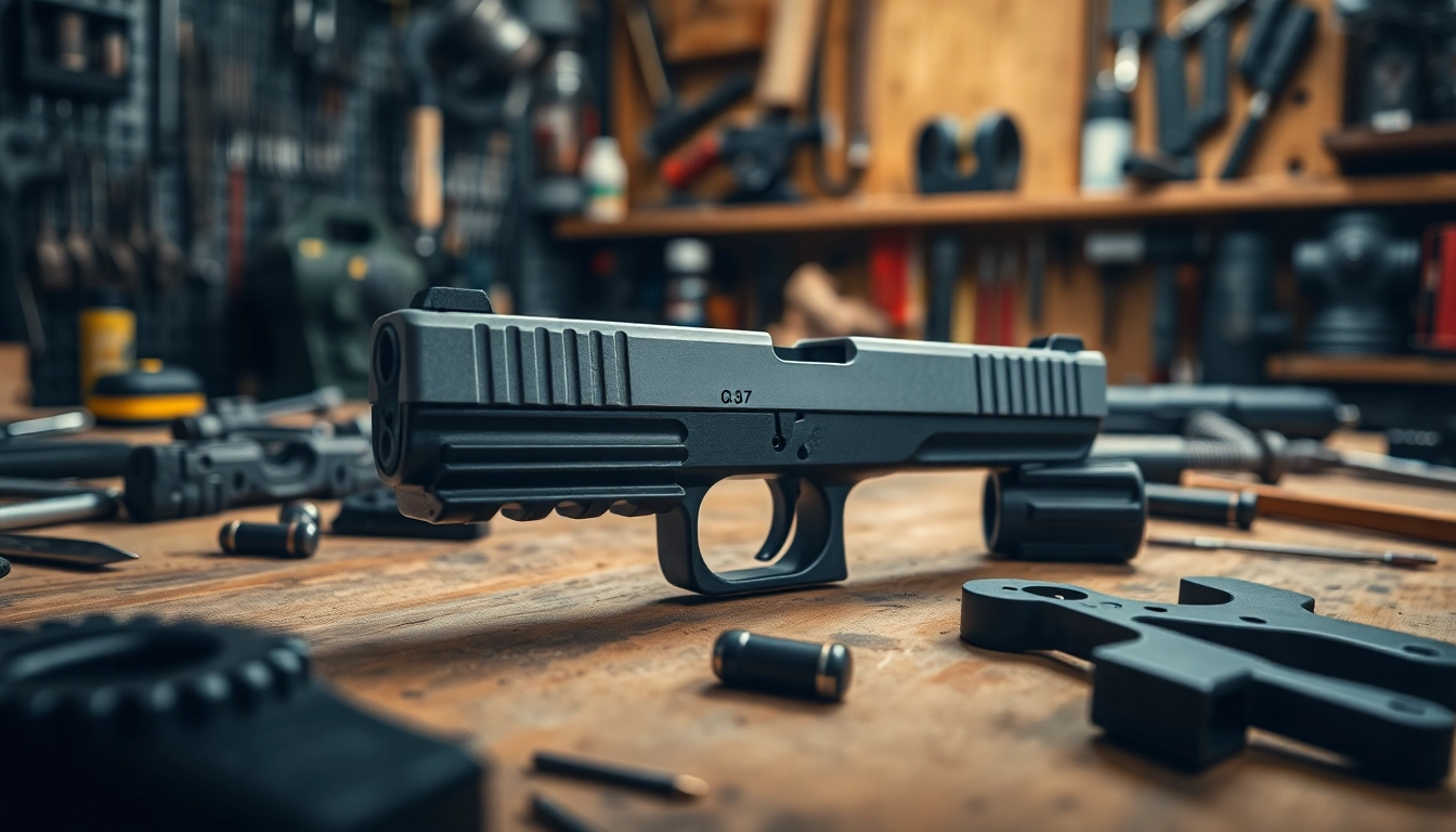 Glock 17 slide for sale prominently displayed with detailed craftsmanship in a workshop setting.