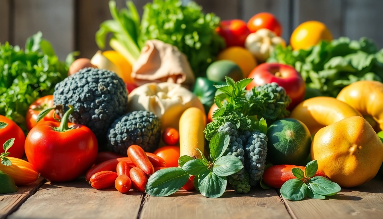 Promote a Healthy Life with fresh fruits and vegetables on a rustic table.