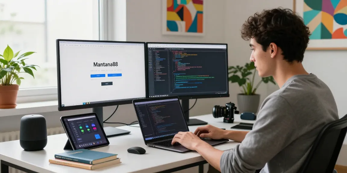 Login interface for mantra88 displayed on dual monitors in a modern tech workspace.