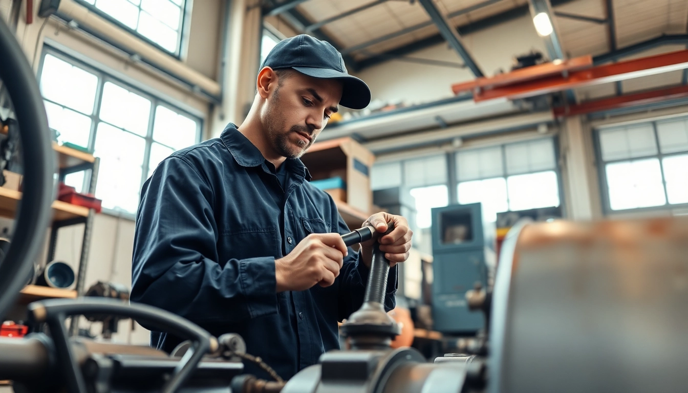 Mechanic conducting on-site hydraulic repair, showcasing precision and expertise in a workshop setting.