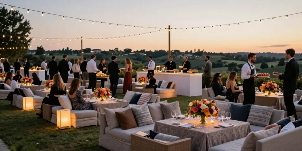 Event furniture rental showcased in a sophisticated outdoor setting with stylish lounge furniture and elegant décor.