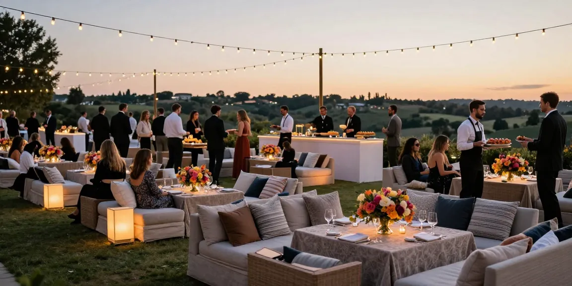 Event furniture rental showcased in a sophisticated outdoor setting with stylish lounge furniture and elegant décor.