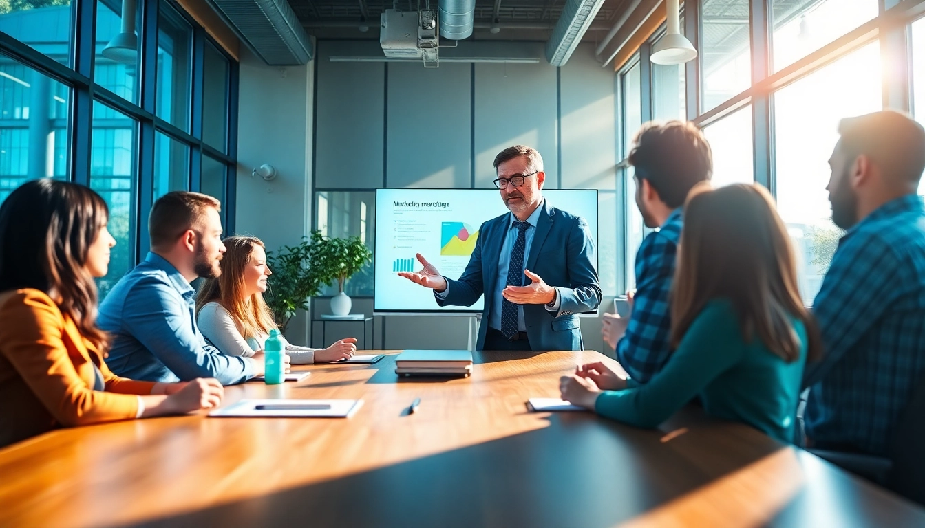 Marketing director leading a team meeting in a bright office space