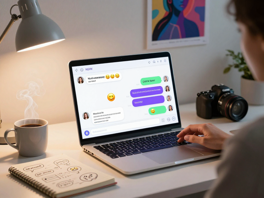 User engaging in ai nsfw chat on a modern laptop in a vibrant workspace