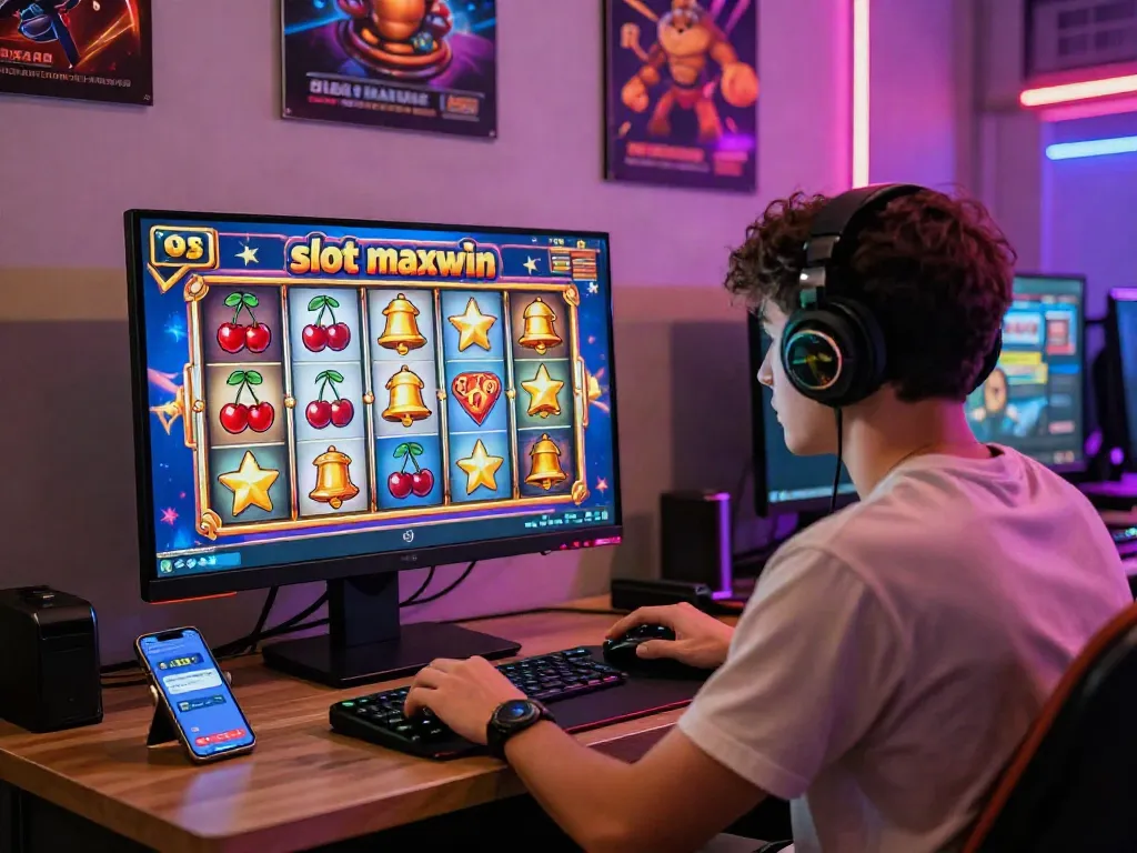 Player enjoying the slot maxwin game in a vibrant gaming setup with colorful icons.