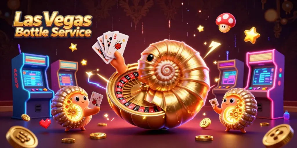 Experience Las Vegas Bottle Service with a vibrant 3D scene of a nautilus roulette wheel and glowing card hands.