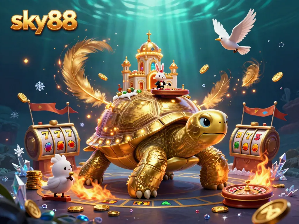 Experience the thrilling world of sky88 with a vibrant casino scene featuring a golden tortoise and a rabbit dealer.