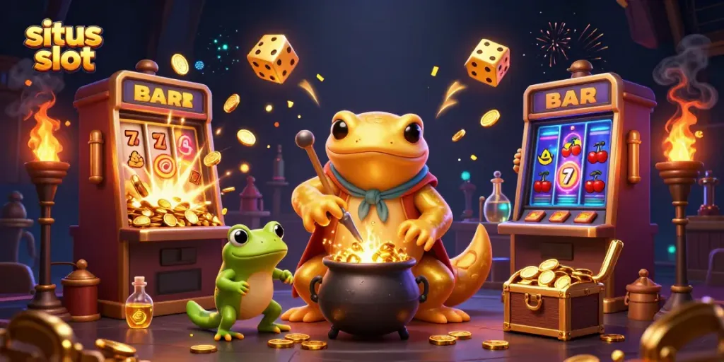 Spin to win with situs slot as golden salamander alchemist transforms coins in a lively casino setting.