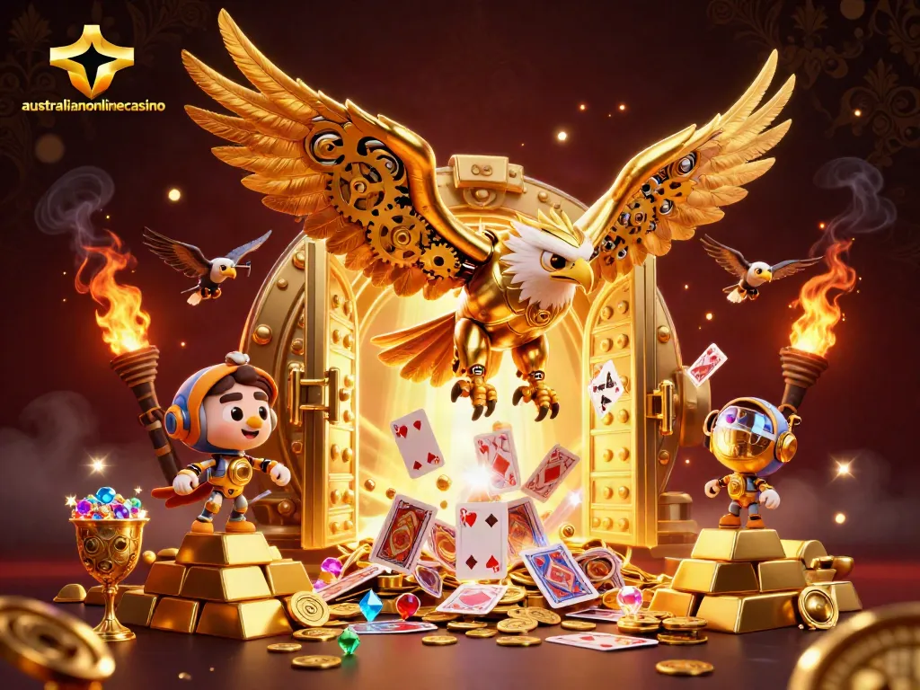 Watch the golden eagle dive through holographic cards in this vivid australianonlinecasino illustration.