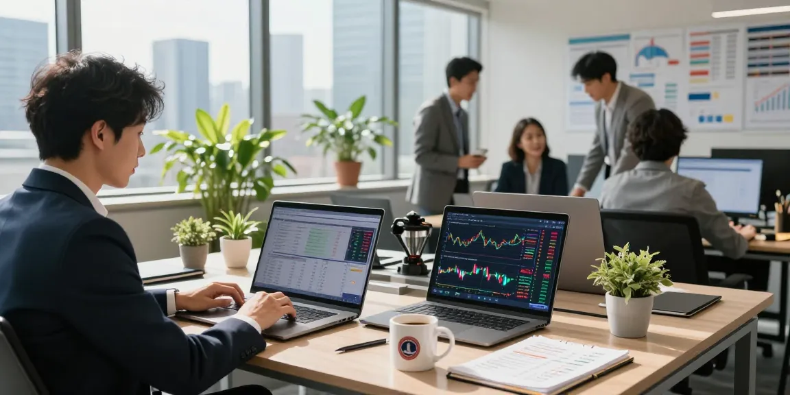 NAGA2000 stock analysis scene with analyst reviewing financial graphs in a modern office