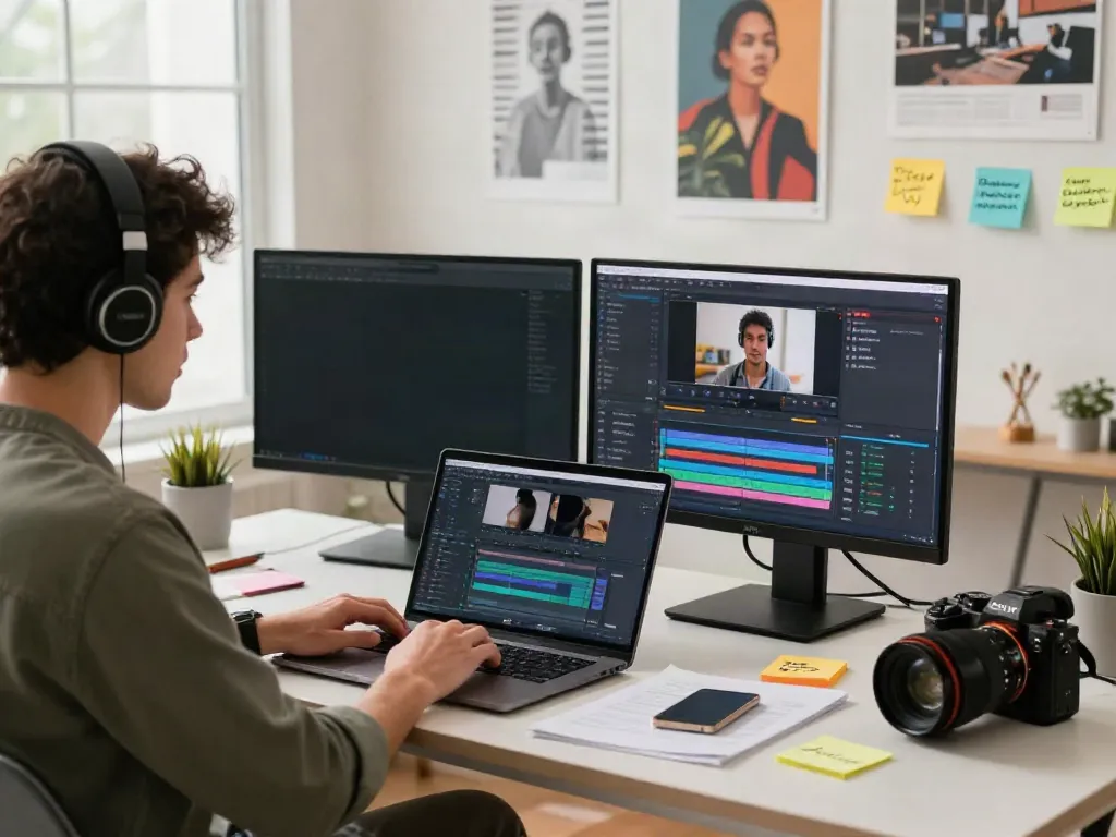 Engaged content creator editing Video on youtube.com in a vibrant home office.