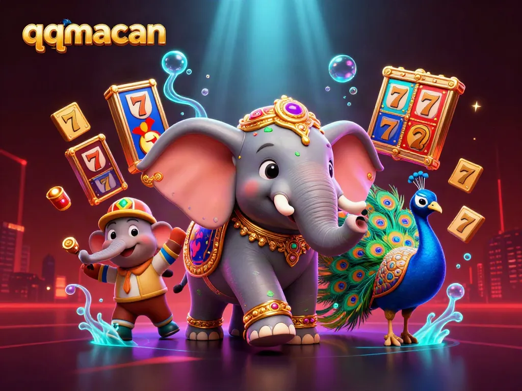 Experience thrilling wins with qqmacan in this vibrant casino illustration featuring slot reels and a festive atmosphere.