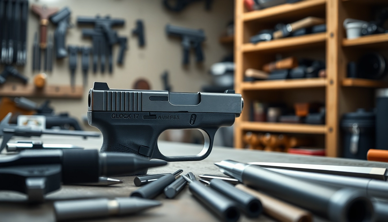 Inspecting a glock 17 gen 5 slide amidst workshop tools for precision craftsmanship.