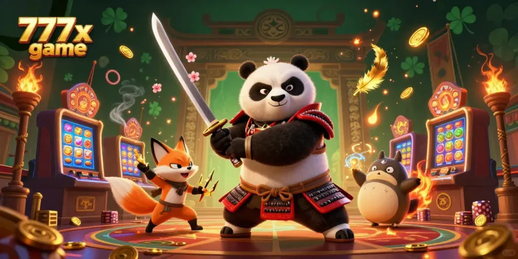 Engage with the vibrant 777x game featuring a samurai panda and ninja fox in a bustling casino.