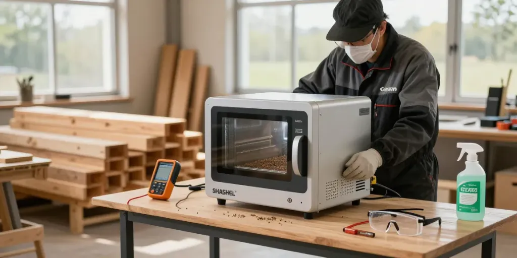 SHASHEL® technician using microwave device for eco-friendly wood treatment in a bright workshop.