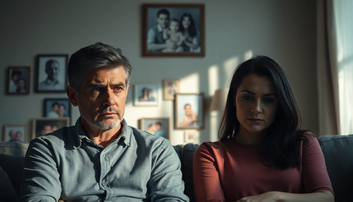 Signs of emotional affair in marriage depicted by tense couple in dimly lit living room.