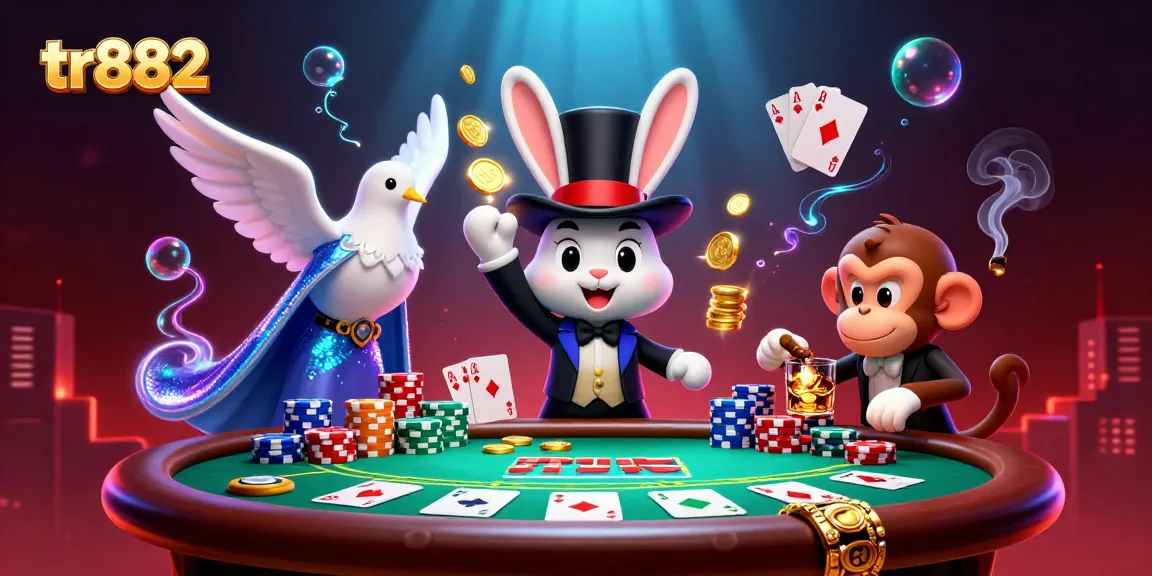Experience the excitement at tr882 with a magician rabbit revealing golden coins amid intense poker action.
