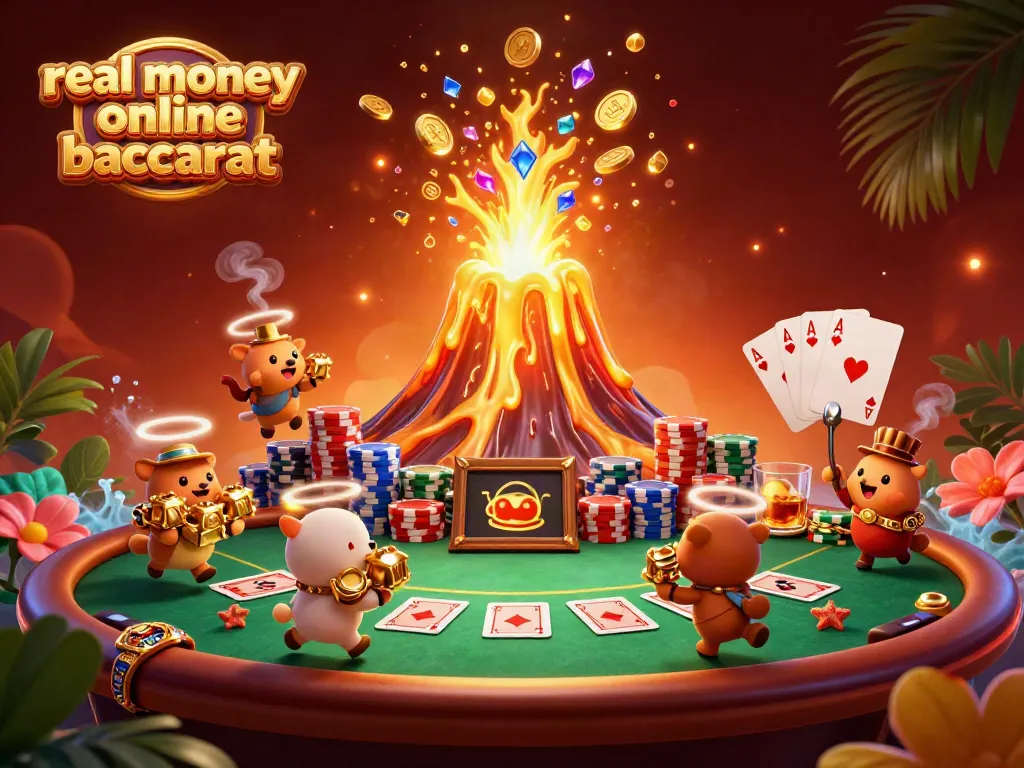 Play real money online baccarat surrounded by vibrant casino elements and a triumphant golden volcano.