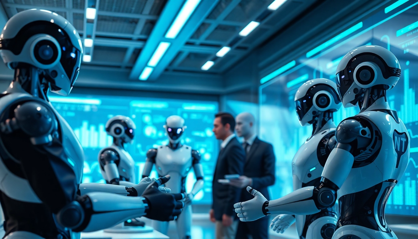 Ai Bots efficiently collaborating in a futuristic workspace with glowing technology.