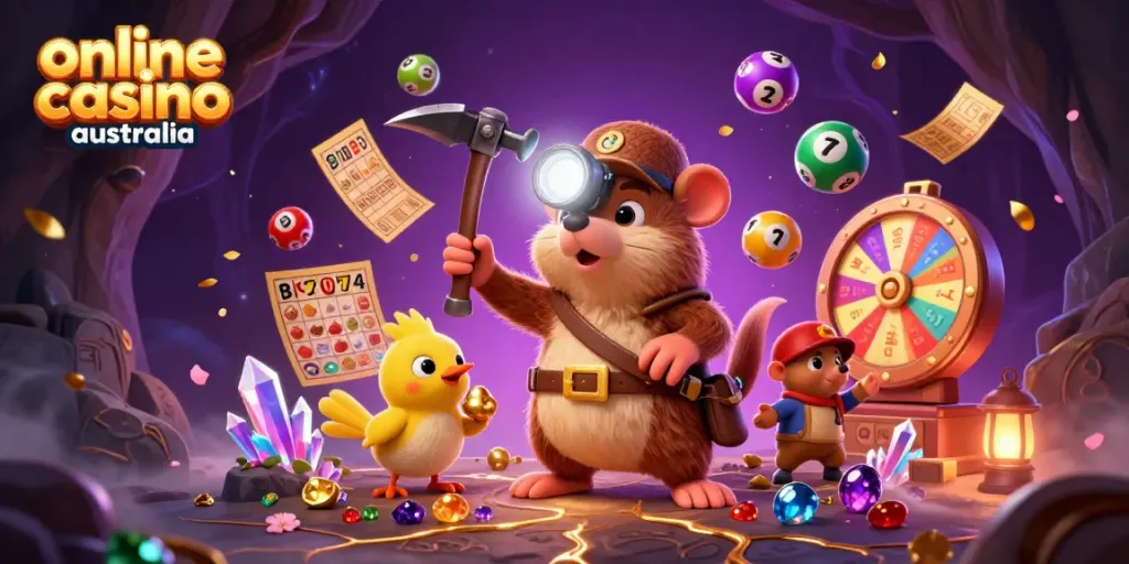 Engaging scene showcasing online casino australia fun with a treasure hunter mole and canary amidst vibrant game elements.