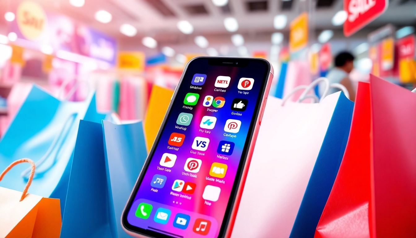 Explore engaging interfaces of the top 10 shopping apps on a smartphone amidst vibrant shopping elements.