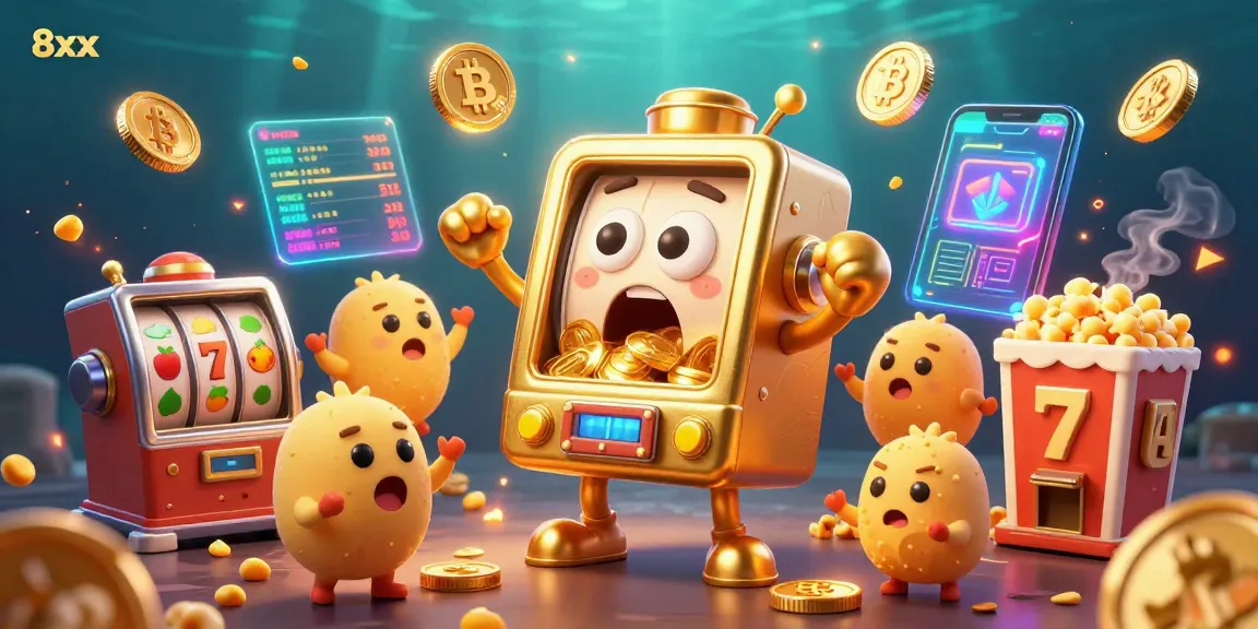 Experience the excitement of 8xx with a jackpot-winning slot machine showering coins in this vibrant digital illustration.