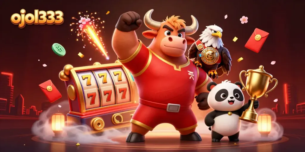 Engage with ojol333's dynamic slot games through a vibrant illustration showcasing excitement and entertainment.