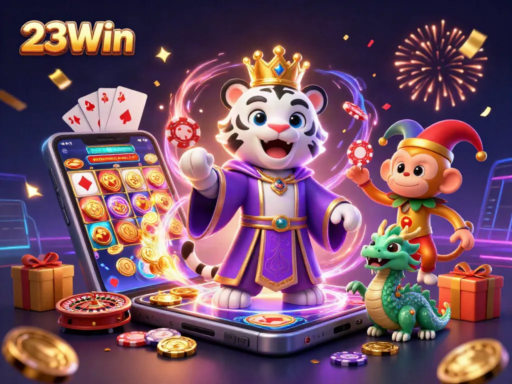 Celebrate your winnings at 23Win with exciting slots, poker, and casino games in a vibrant illustrated scene.