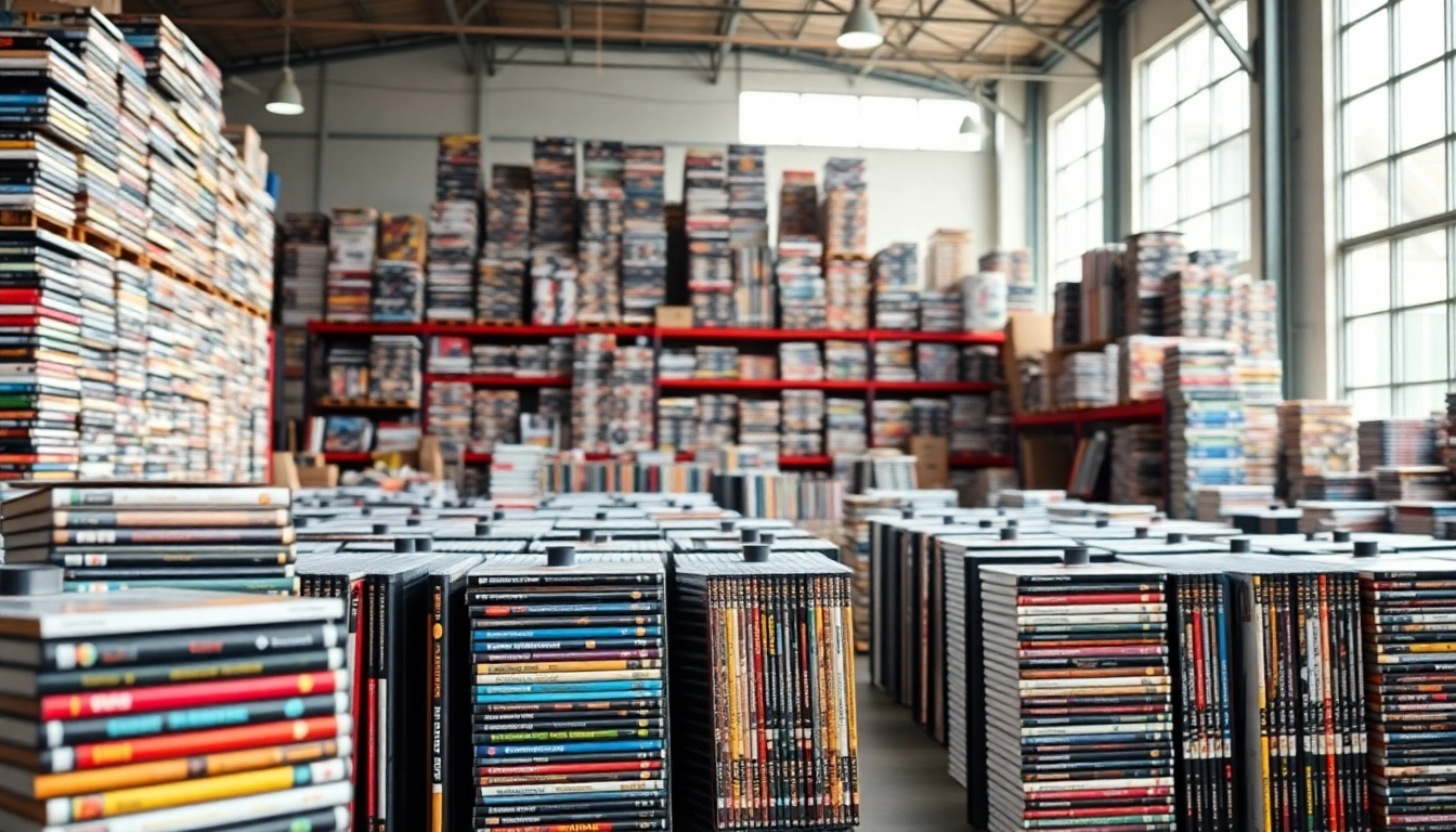 Showcase of a vibrant DVD distributor with diverse titles in a well-lit warehouse.