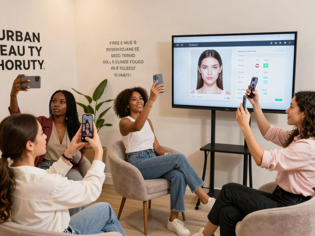 Interactive urban scene testing attractiveness with diverse individuals engaging with AI beauty scoring technology.