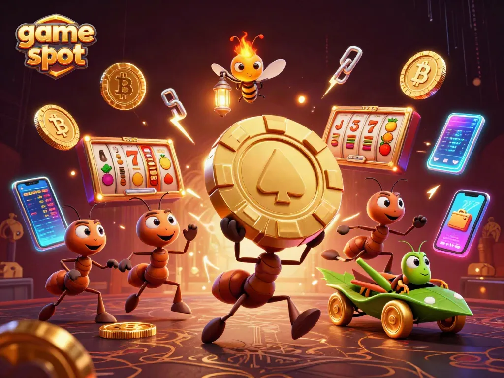 Engage in game slot thrills with ants on a heist, vibrant casino elements swirling around.