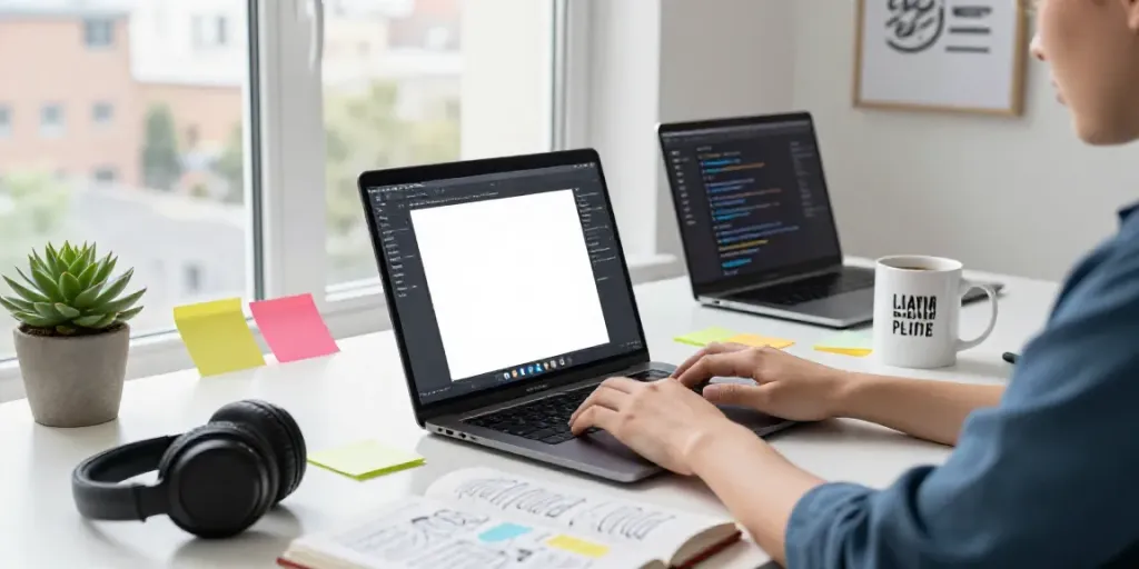 Dynamic content writer using AI content writing software in a modern workspace.