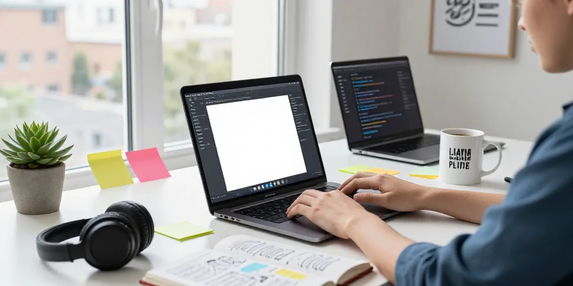 Dynamic content writer using AI content writing software in a modern workspace.