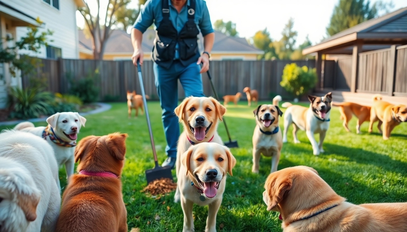 Engaging in dog poop removal near me in a vibrant backyard with happy dogs.